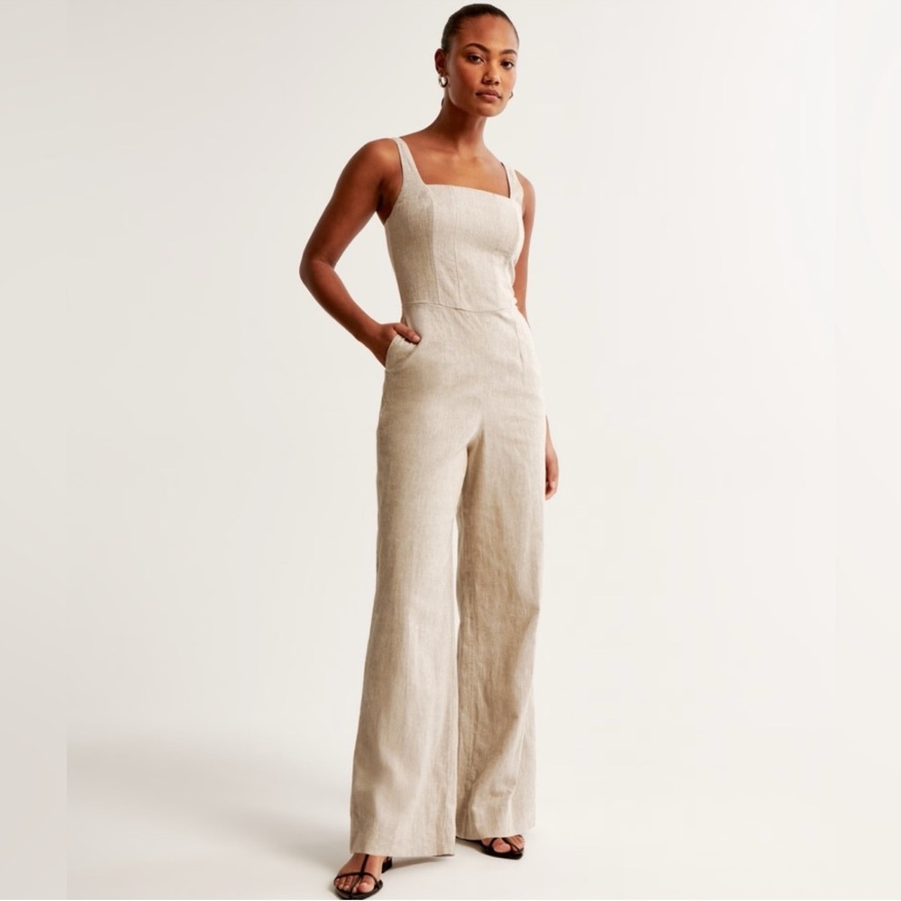 Abercrombie & Fitch square neck linen blend jumpsuit tan beige Size Small Tall